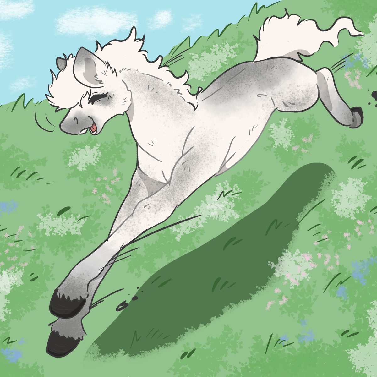 Leaping foal personal illustration — soft grey horse mid-jump in spring grass